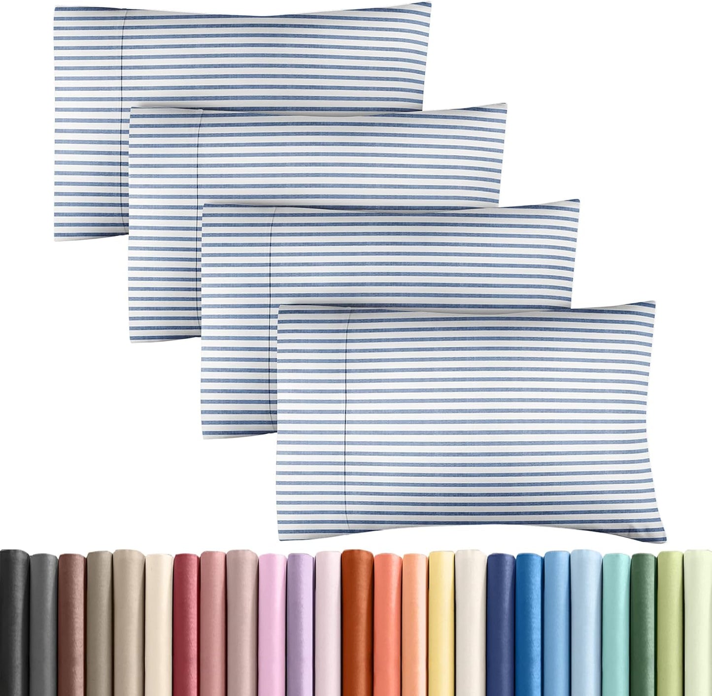 Skiennix Queen Pillow Cases Set of 4 - Ultra Soft Hotel Quality - Wrinkle Free & Fade Resistant - Blue Stripes