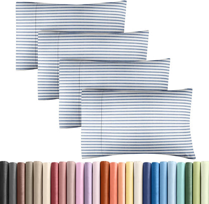 Skiennix Queen Pillow Cases Set of 4 - Ultra Soft Hotel Quality - Wrinkle Free & Fade Resistant - Blue Stripes
