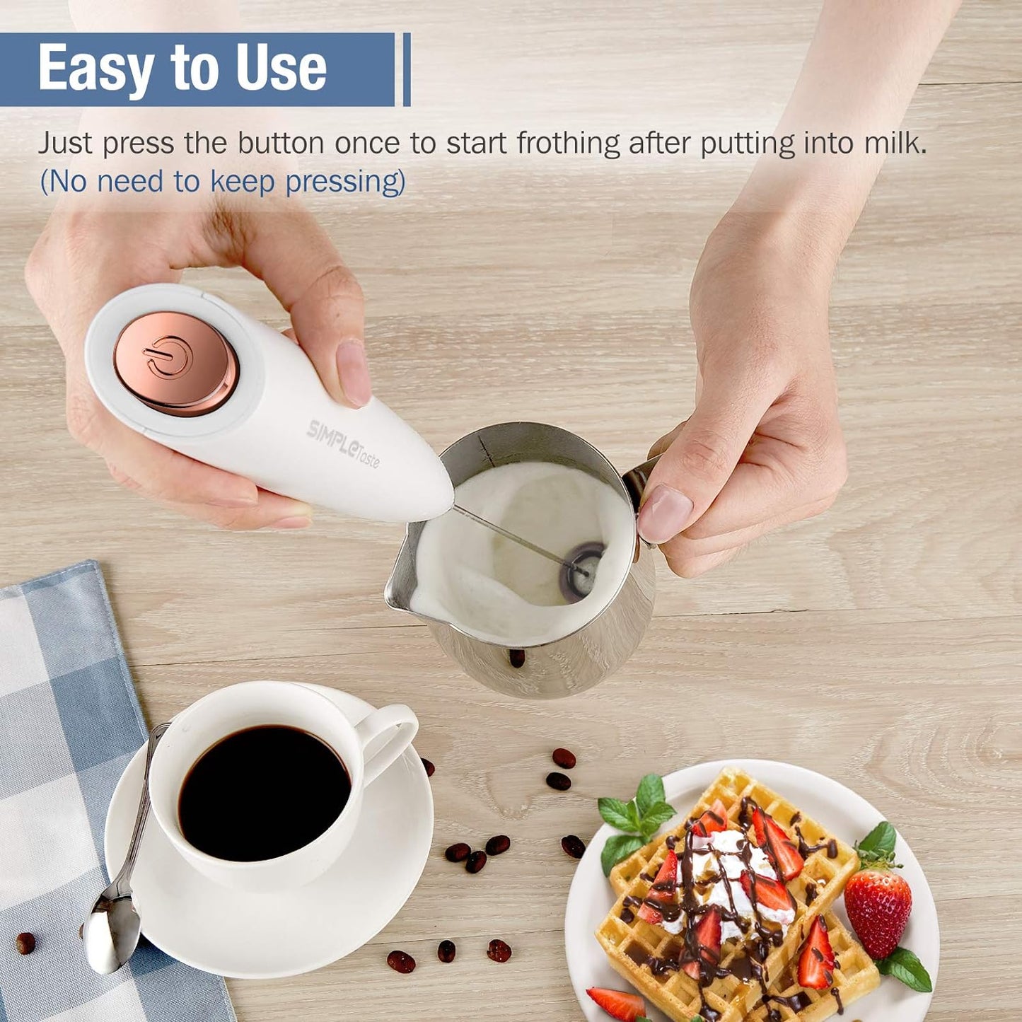 SimpleTaste Milk Frother - Handheld Electric Foam Maker with Stainless Steel Whisk | White, Battery Operated
