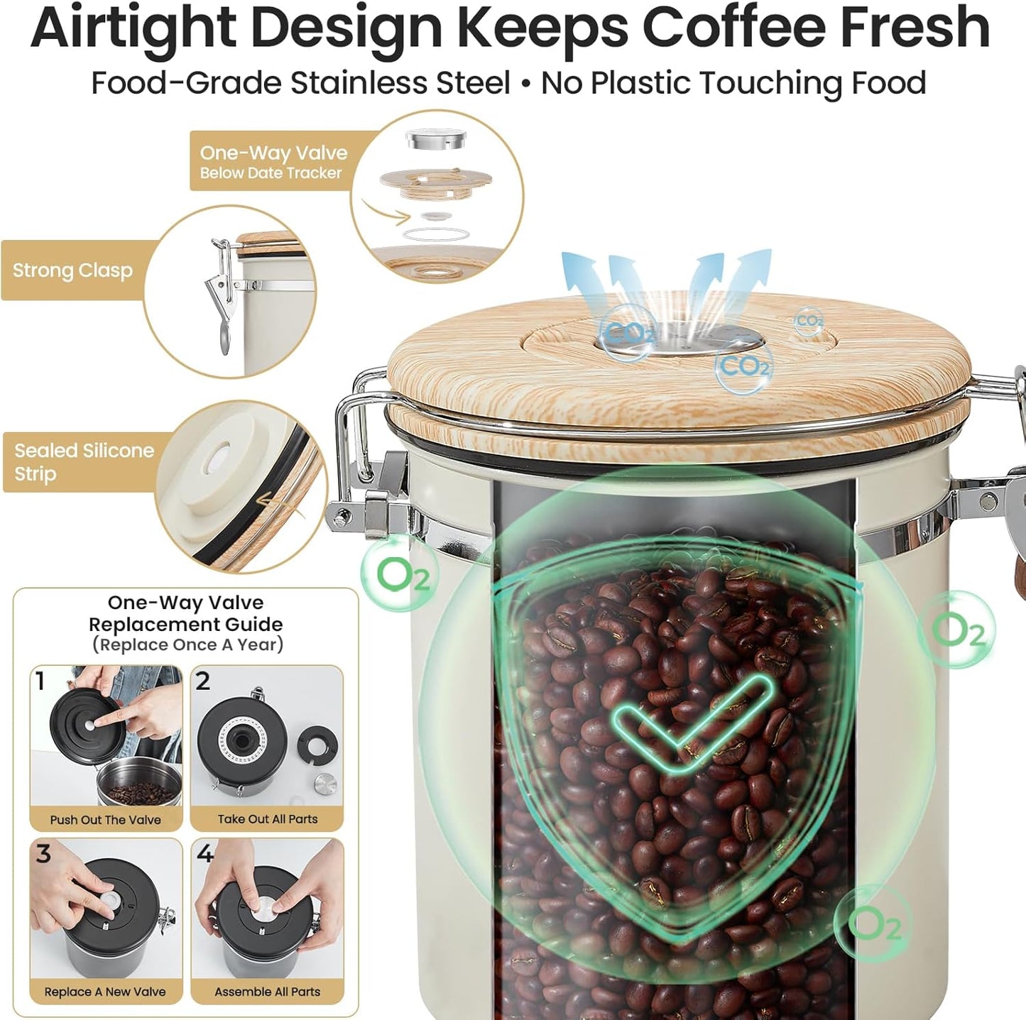 Veken Coffee Canister - Airtight Stainless Steel Storage Container with Date Tracker & Scoop | 16oz Cream
