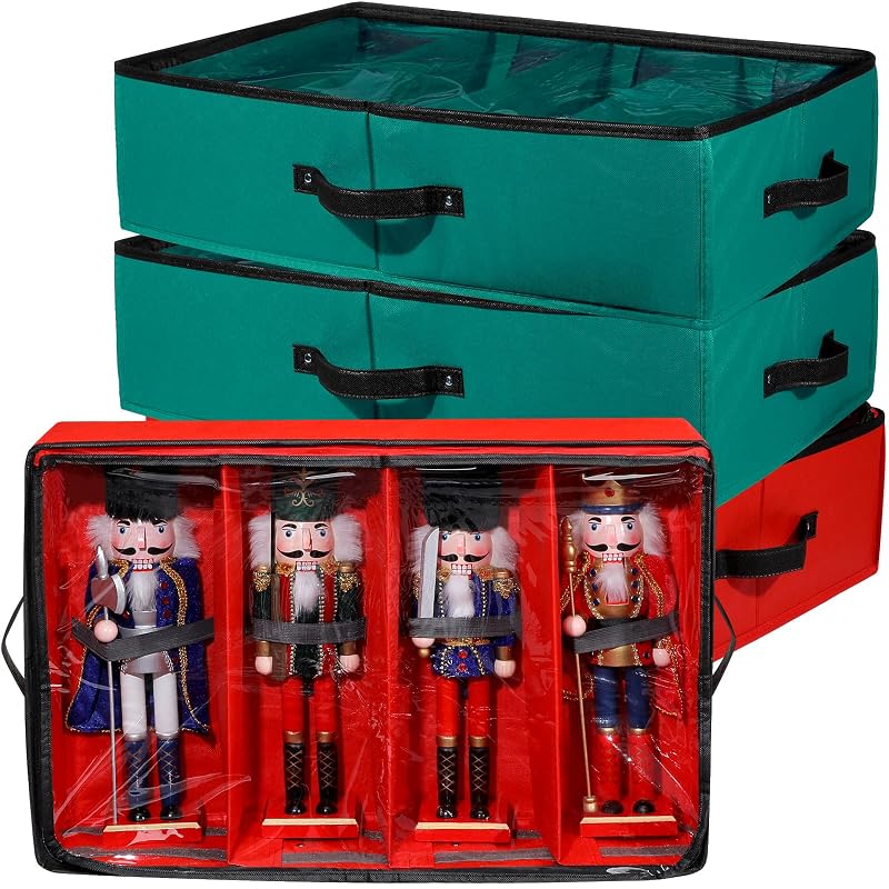 4 Pack Christmas Nutcracker Storage Box with Clear Top - Red & Bottle Green