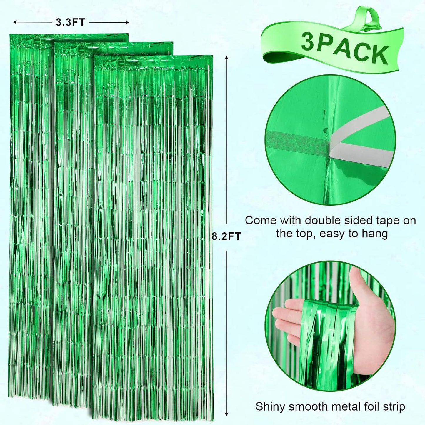 Voircoloria Green Foil Fringe Backdrop Curtains - 3 Pack Tinsel Streamers for Parties & Events | 3.3x8.2 Feet