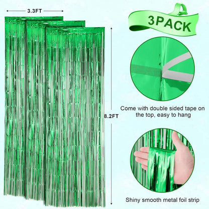 Voircoloria Green Foil Fringe Backdrop Curtains - 3 Pack Tinsel Streamers for Parties & Events | 3.3x8.2 Feet
