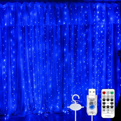 Fairy Lights by Curtain Light - 9.8ft Copper Wire String Lights with Remote Control | 8 Lighting Modes for Home Decor & Events (Blue)