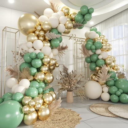 MOXMAY Green White Gold Balloon Garland Arch Kit, 160Pcs Latex Balloons Different Size Balloons 18 12 10 5 inch for Birthday Baby Shower Wedding Bridal Shower Party Decorations