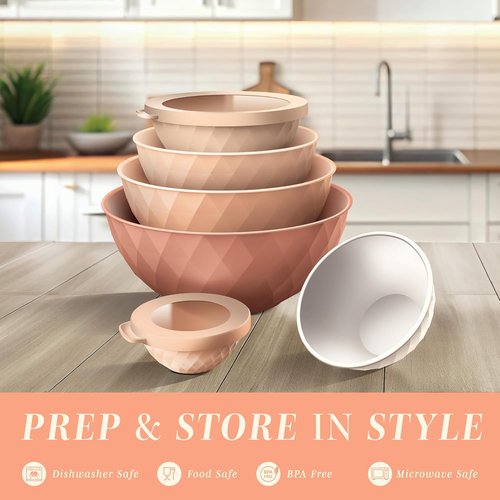COOK WITH COLOR Mixing Bowls Set - 12-Piece Microwave Safe Plastic Nesting Bowls with Lids, Orange Diamond