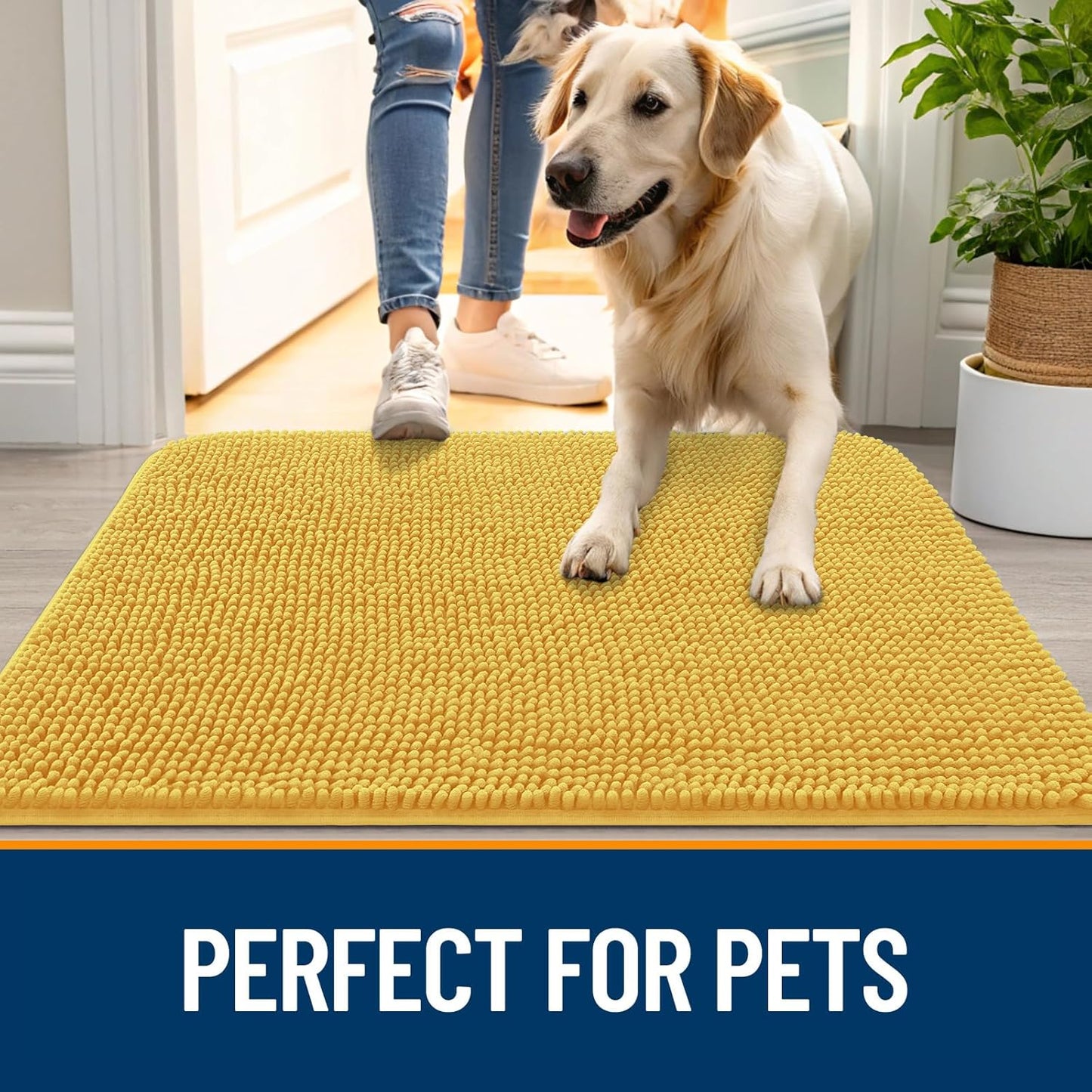 OLANLY Dog Door Mat - Absorbent Non-Slip Chenille Mat for Muddy Paws | 34x21 Inches, Quick Dry, Yellow