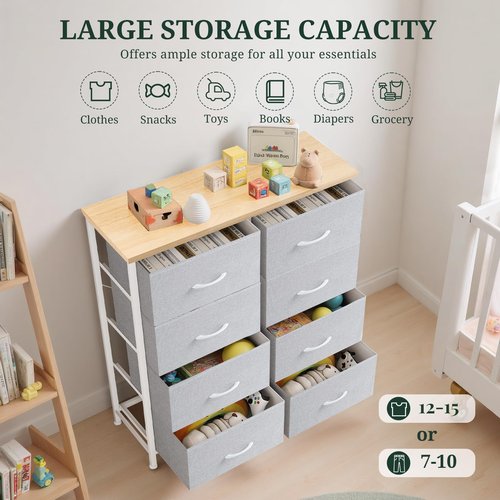 8-Drawer Dresser for Bedroom, Anti-Tip Tall Storage Organizer Chest of Drawers with Wooden Top and Metal Frame Fabric Bins for Closet, Living Room, Hallway, Entryway, Light Gray