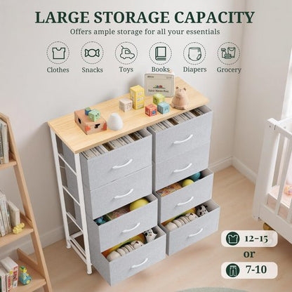 8-Drawer Dresser for Bedroom, Anti-Tip Tall Storage Organizer Chest of Drawers with Wooden Top and Metal Frame Fabric Bins for Closet, Living Room, Hallway, Entryway, Light Gray