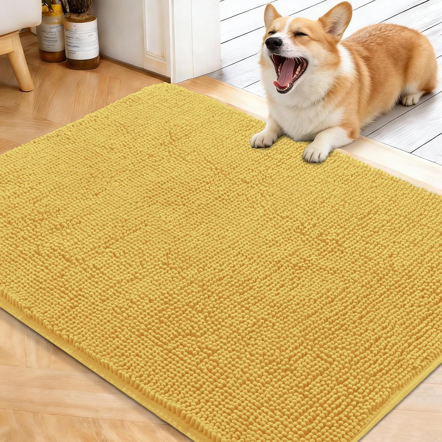 OLANLY Dog Door Mat - Absorbent Non-Slip Chenille for Muddy Paws | 40x32 Yellow Quick-Dry Indoor Carpet