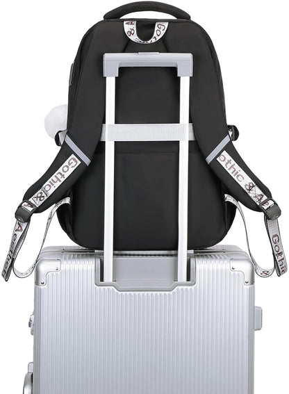 Gothic School Backpack for Girls with USB Ports - Black