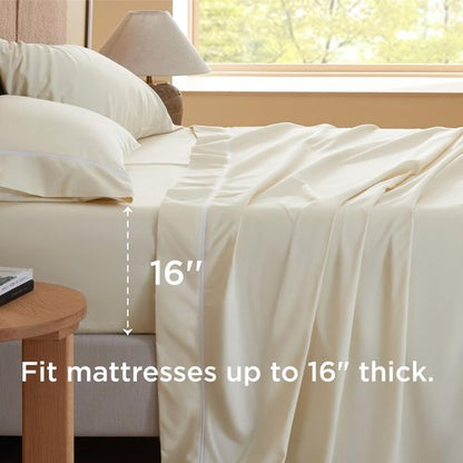 Bedsure 100% Cotton Sheets King Size Set - 500 Thread Count Cotton Sateen Bedsheets, Luxury Hotel Quality, Soft & Breathable Bedsheets, 16" Deep Pocket, 4-Piece, Include King Flat Sheet Ivory