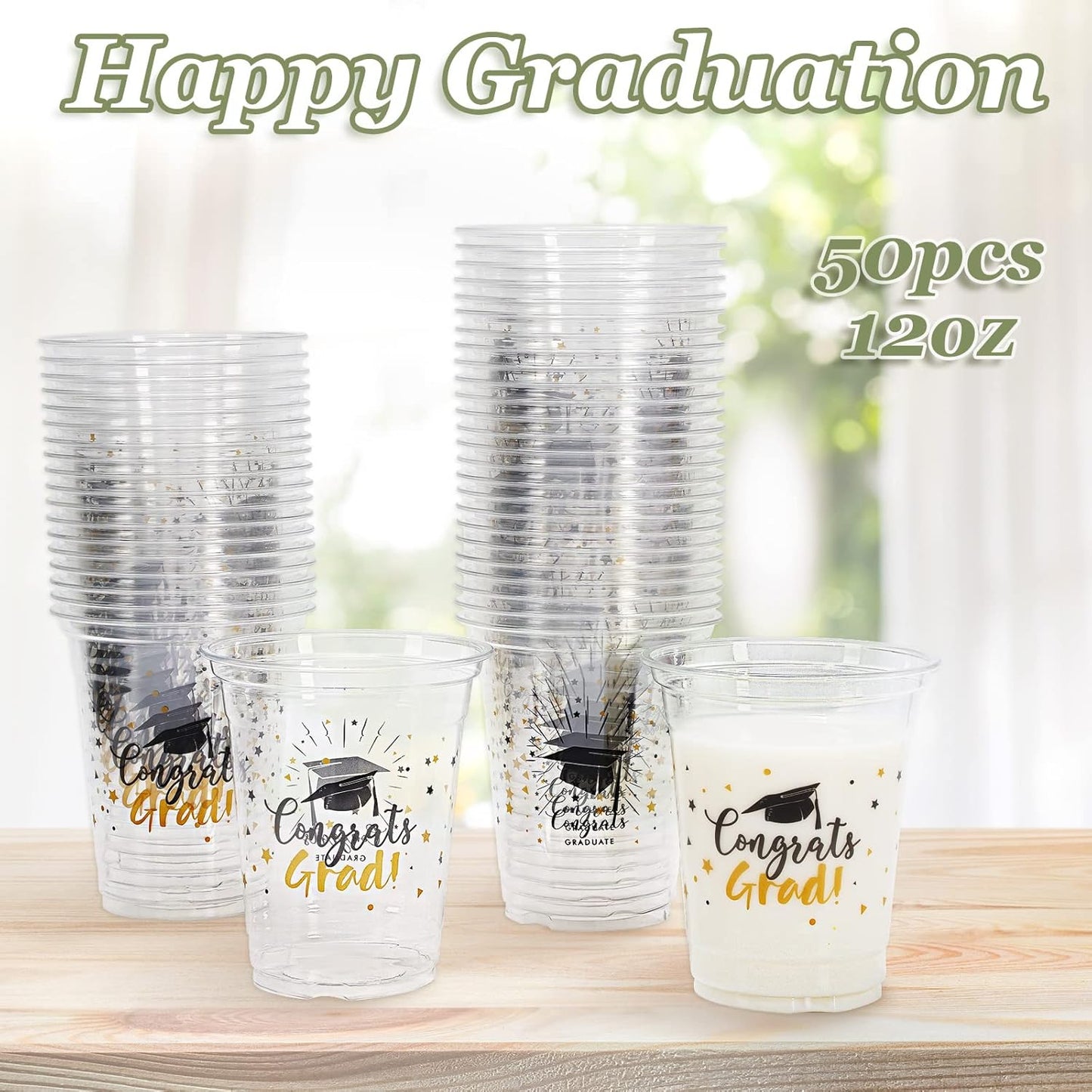 Whaline Graduation Cups - 12oz Black & Gold Disposable Party Cups for Class of 2025 | 50 Pack