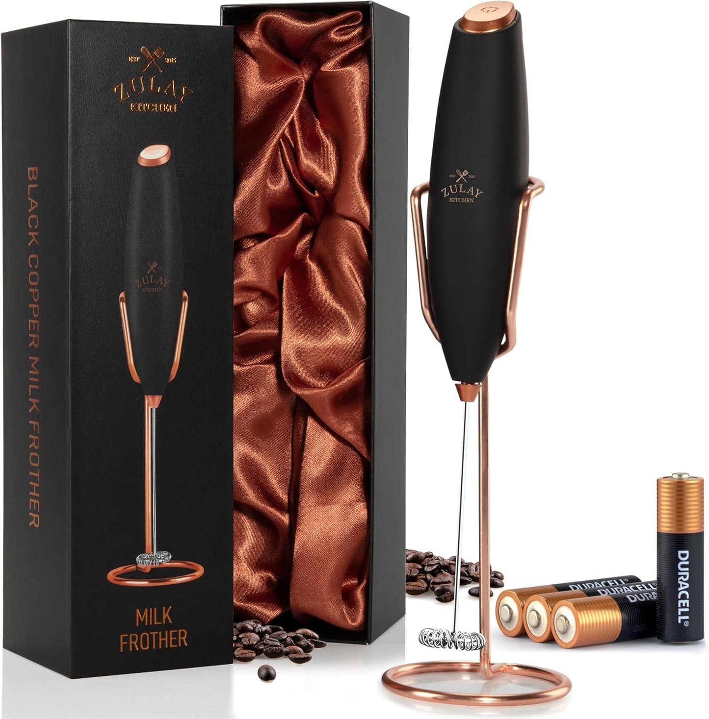Zulay Kitchen Milk Frother - Luxury Handheld Electric Foam Maker for Coffee & Lattes | Deluxe Gift with 4 Duracell Batteries