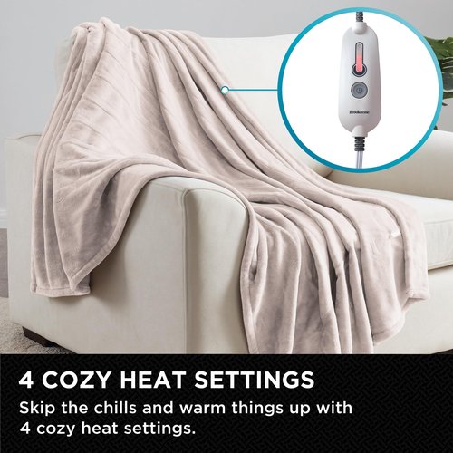 Brookstone Oversized Electric Heated Throw - Heated Blankets - 4 Heat Settings, 4-Hour Auto Shut Off, 100% Polyester, 50"x60" - Taupe