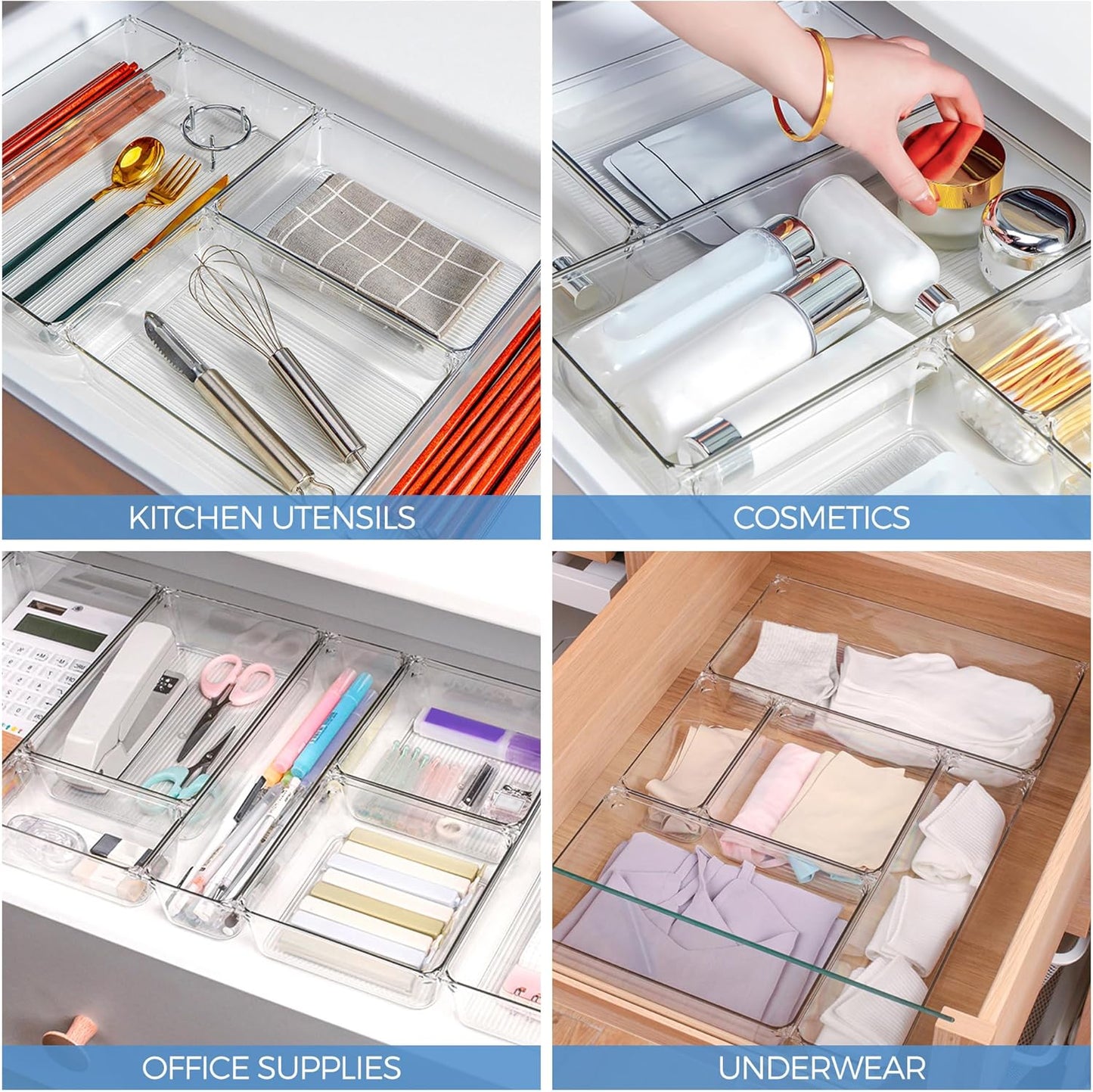 Ravinte Drawer Organizer Set - 6 Clear Plastic Storage Bins with Non-Slip Pads | 6" X 9" for Makeup, Jewelry, and More