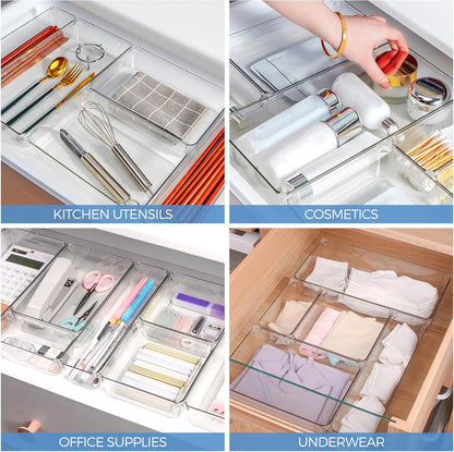 Ravinte Drawer Organizer Set - 6 Clear Plastic Storage Bins with Non-Slip Pads | 6" X 9" for Makeup, Jewelry, and More