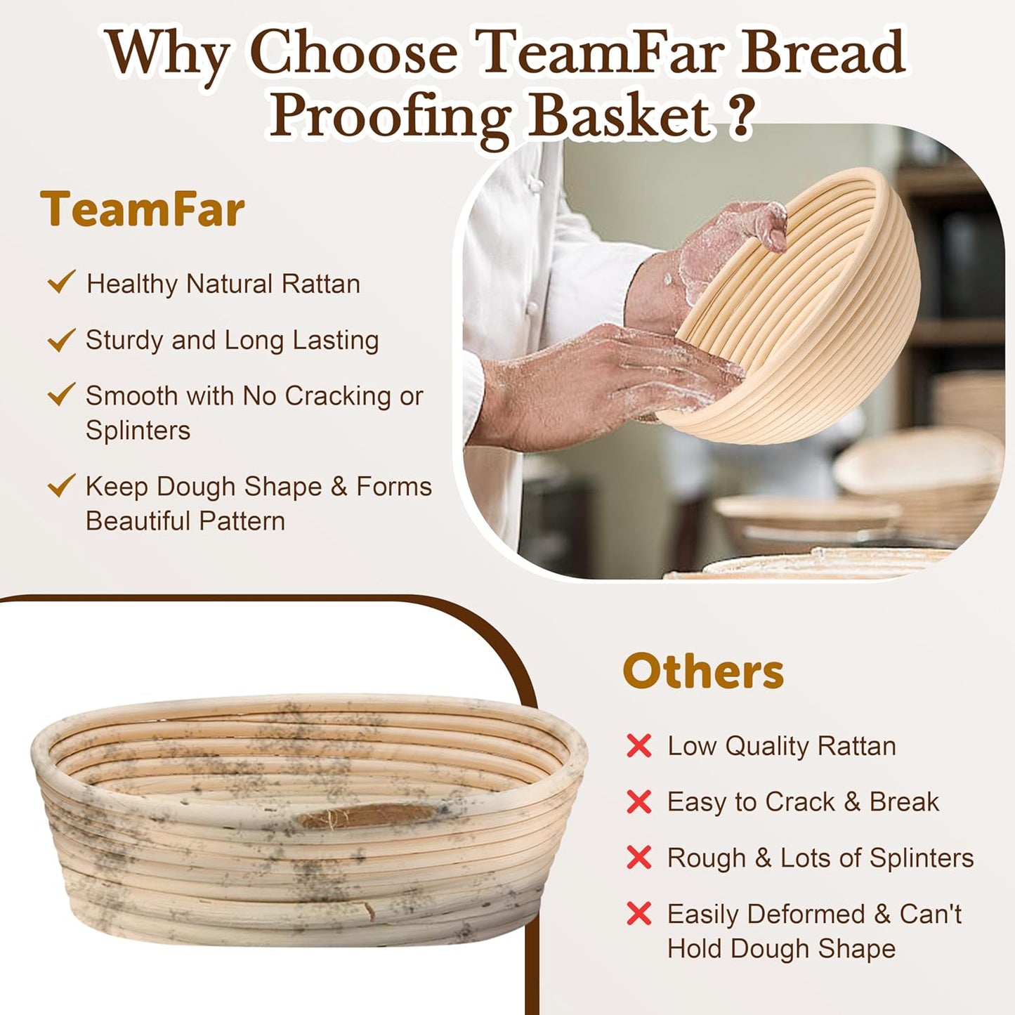 TeamFar Sourdough Bread Baking Kit - 9” Round & 10” Oval Proofing Baskets with Cloth Liner & Tools