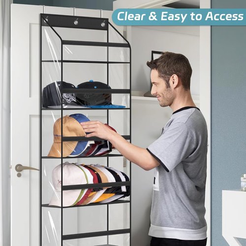 AOODA Clear Over The Door Hat Rack - Large Organizer for Up to 72 Baseball Caps | Black with 3 Hooks