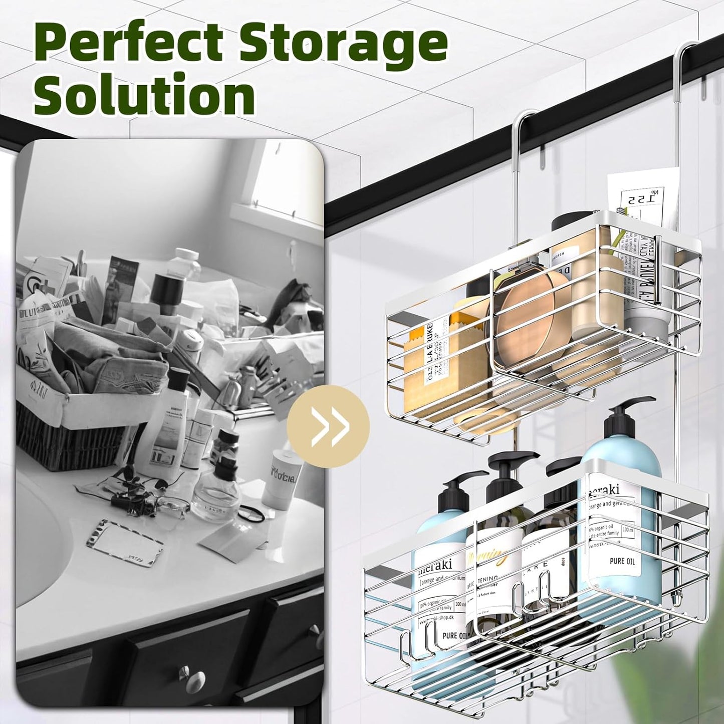 YUOROS Shower Caddy - 2-Tier Over the Door Organizer Rack | Rustproof 304 Stainless Steel, Silver Finish