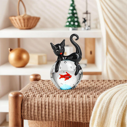 QFkris Blown Glass Black Cat Figurine - 1.6" Mini Glass Animal Sculpture | Unique Home Decor Gift for Cat Lovers