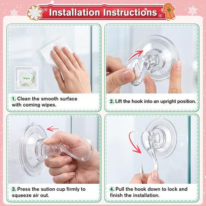 VIS'V Wreath Hanger, Large Suction Cup Wreath Hooks with Wipes, Heavy Duty, 22 LB Capacity, Removable and Reusable, Clear, 2 Pcs