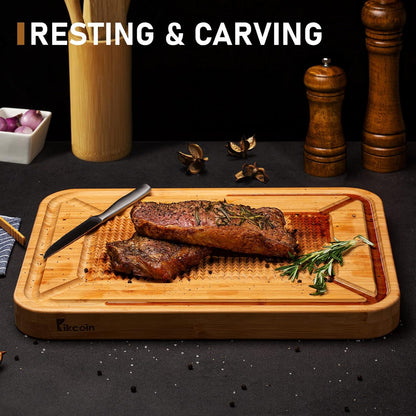 Turkey Carving Board - Heavy Duty Bamboo Wood Butcher Block with Juice Groove & Pyramid Spikes