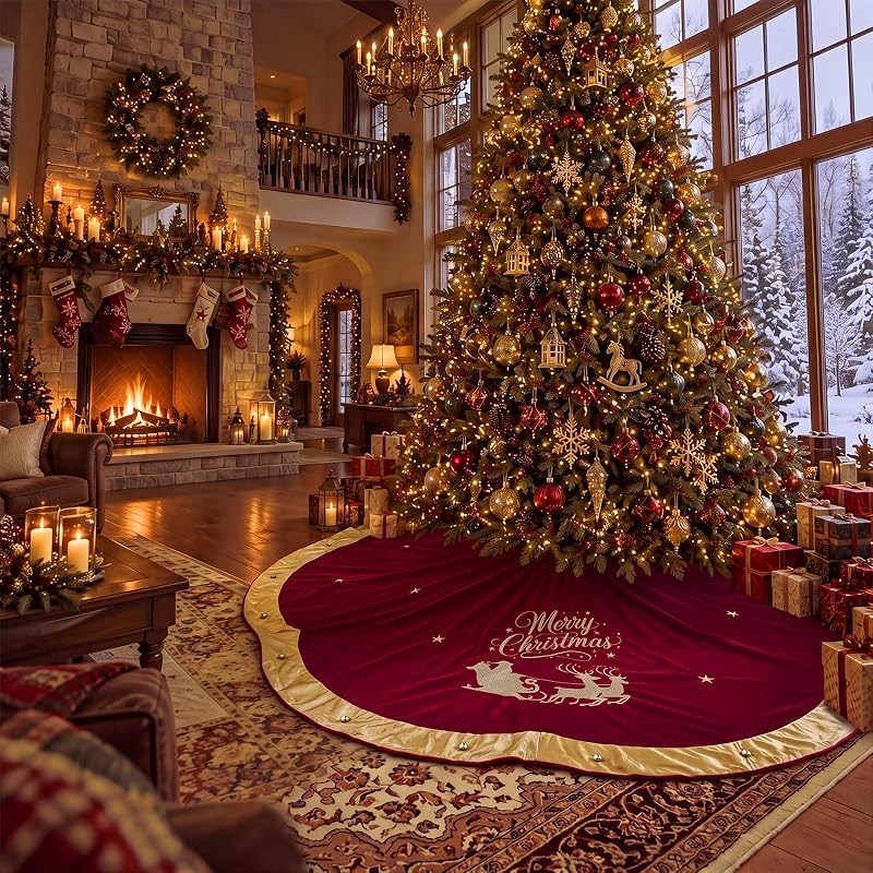 72 Inch Velvet Christmas Tree Skirt with Santa Reindeer Embroidery - Burgundy Vintage Scallop