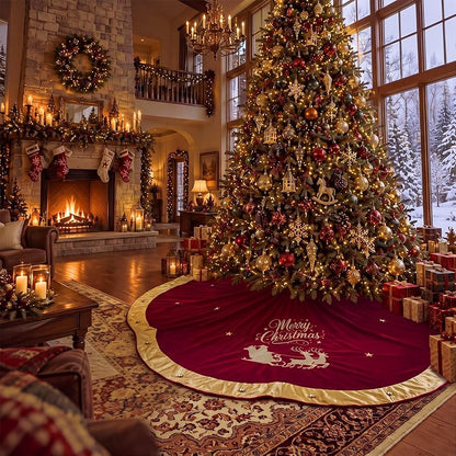 72 Inch Velvet Christmas Tree Skirt with Santa Reindeer Embroidery - Burgundy Vintage Scallop