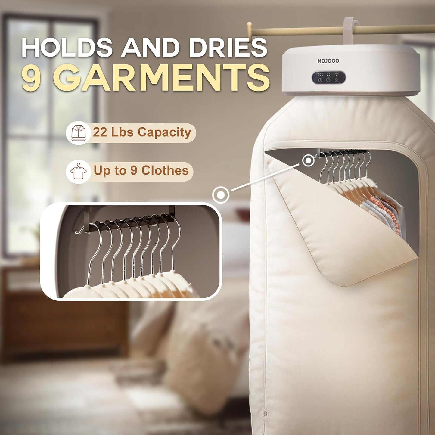 MOJOCO Portable Clothes Dryer - Compact Mini Dryer for Travel & Apartments | Quiet, Fast-Drying with Adjustable Timer