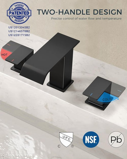 FORIOUS Bathroom Faucet - Matte Black 8-Inch Widespread Waterfall Spout with Pop-Up Drain & Water Supply