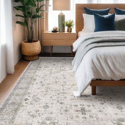 Hazo Haus Boho Living Room Rug - Light Grey Modern Vintage Floral Design | Washable 7x10 Non-Slip Area Rug