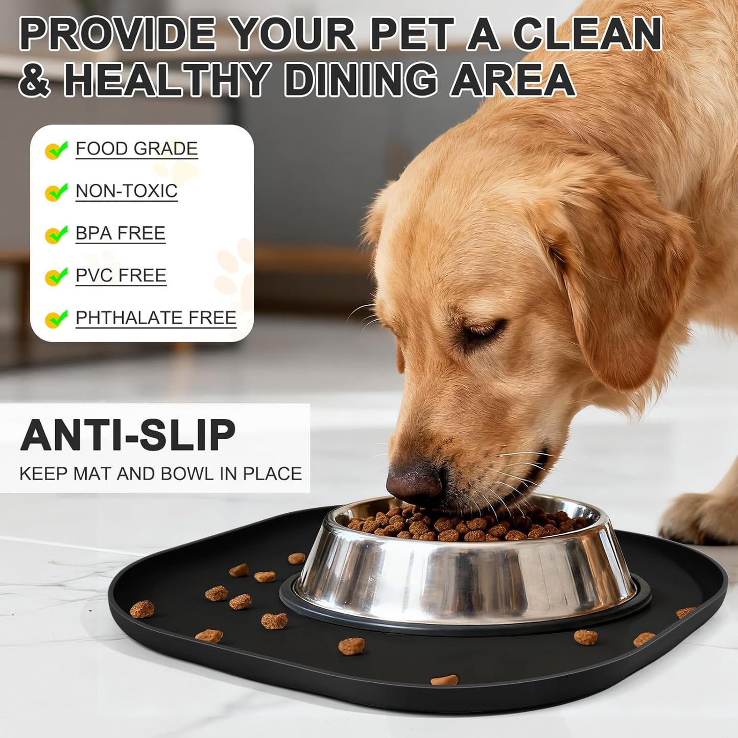 Skiennix Small Silicone Pet Food Mat - Waterproof Raised Edge for Dog & Cat Bowls | 12 x 12 x 0.7 Black