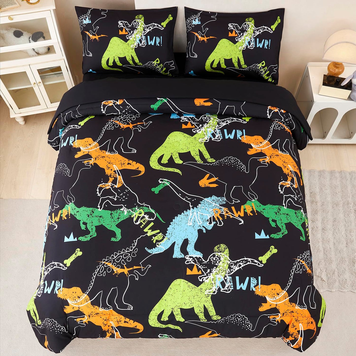 ZSYAYAHA Twin Bed Sets for Kids Dinosaur Boys Bedding Set Black Dinosaur Comforter Set for Girls Teens Soft Lightweight 5 Pieces Bed in A Bag with Sheets(Black, Twin)