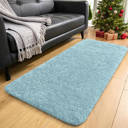 OLANLY Machine Washable Runner Rugs - Soft Fluffy Shaggy Indoor Carpet for Bedroom & Hallway | Light Blue 2x6 ft