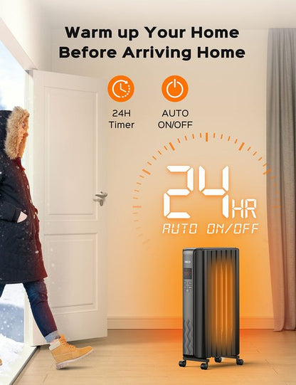 DREO Oil Filled Radiator Heater, Electric Radiant Heater with Remote Control, 4 Modes, Overheat & Tip-Over Protection, 24h Timer, Digital Thermostat, Quiet Space Heater for Indoor Use Large Room