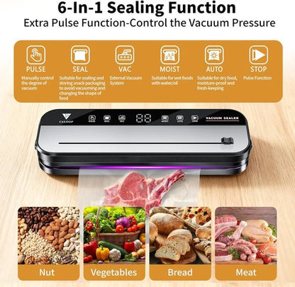 CALOOP Food Vacuum Sealer Machine - Powerful 80 Kpa Food Saver with 20 Seal Bags & Digital Timer | Compact Design
