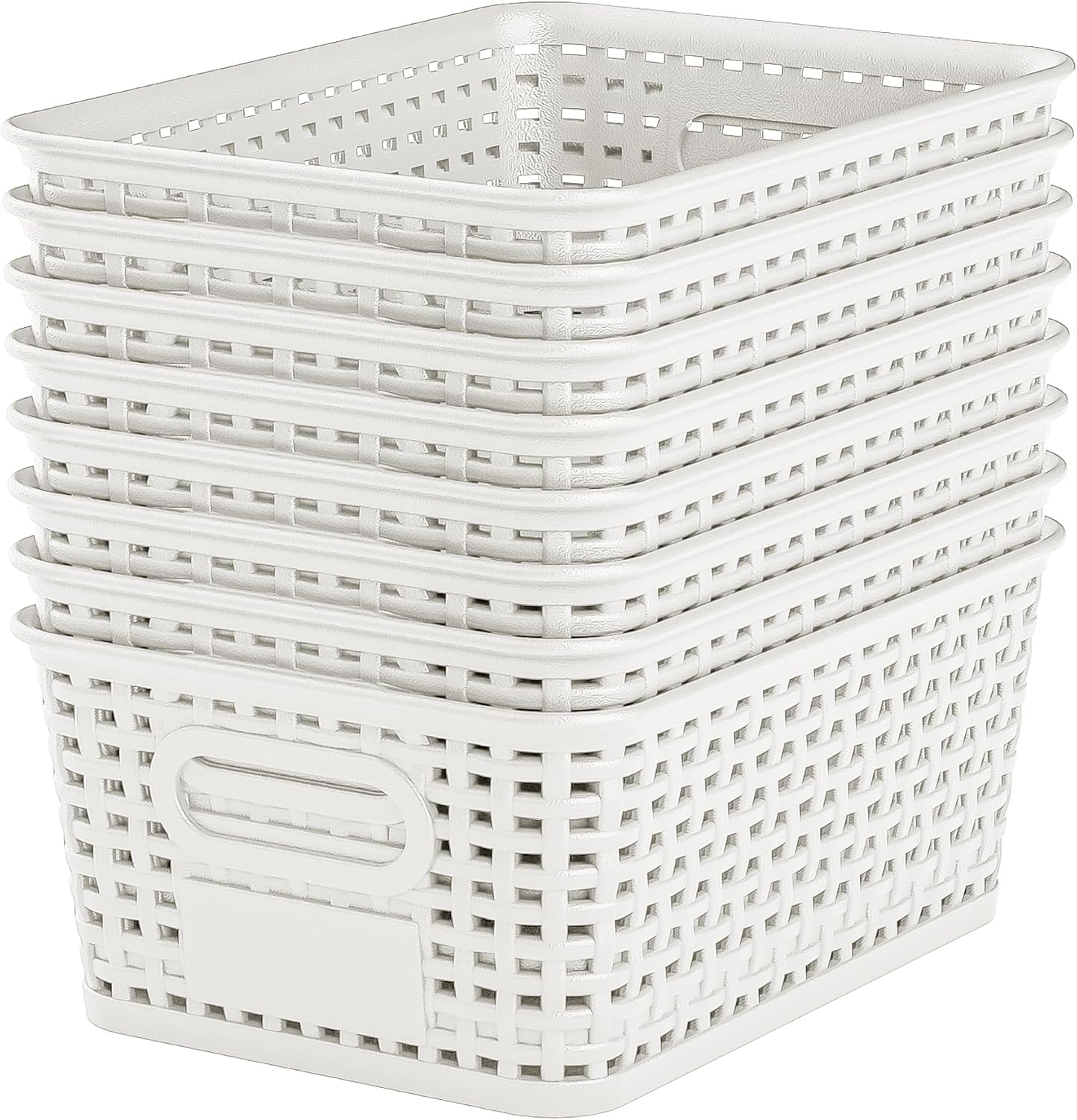 White Plastic Storage Baskets by [Brand Name] - Durable Stackable Bins with Labels | Pack of 8 for Organizing Desktops, Closets, and More