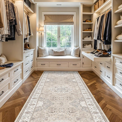 Skiennix Washable 4x12 Wide Hallway Runner - Vintage Soft Non-Slip Water-Resistant Rug | Beige