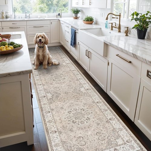 Hallway Washable Runner Rug - Vintage Soft Non-Slip Entryway Mat | 2'6''x12'' Beige Carpet