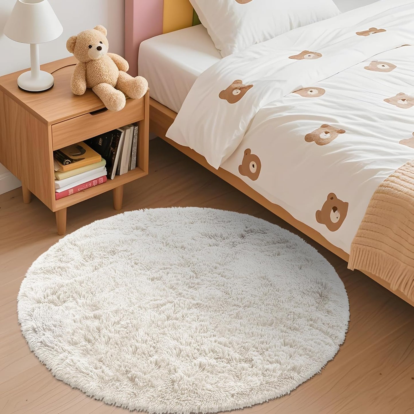 OLANLY Round Ivory Area Rug - Soft, Machine Washable 3 ft Shaggy Carpet for Bedroom & Living Room Decor