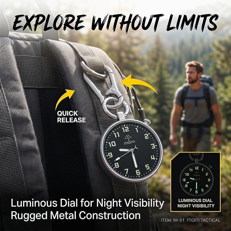 Clip On Pocket Watch with Luminous Dial, Carabiner Clip - Silver Case, Black Dial (1.54 in) - ITIOITI