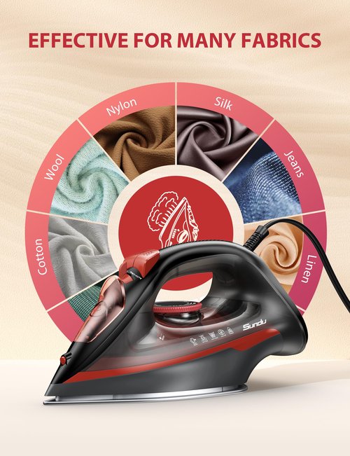 1500W Red Steam Iron for Clothes, 350ml Water Tank with Auto-Off, Powerful Burst of Steam, Self-Clean, Anti-Calc & Anti-Drip, Ceramic Soleplate