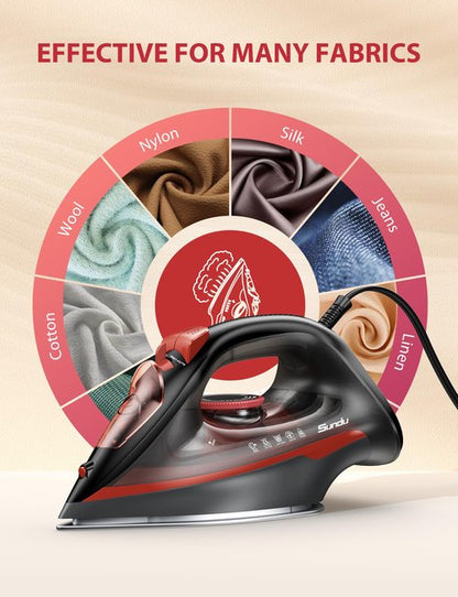1500W Red Steam Iron for Clothes, 350ml Water Tank with Auto-Off, Powerful Burst of Steam, Self-Clean, Anti-Calc & Anti-Drip, Ceramic Soleplate