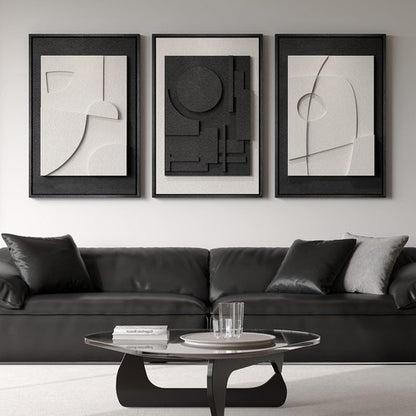 Large 3D Textured Framed Black and White Abstract Wall Art | Modern Minimalist 3-Piece Set for Living Room