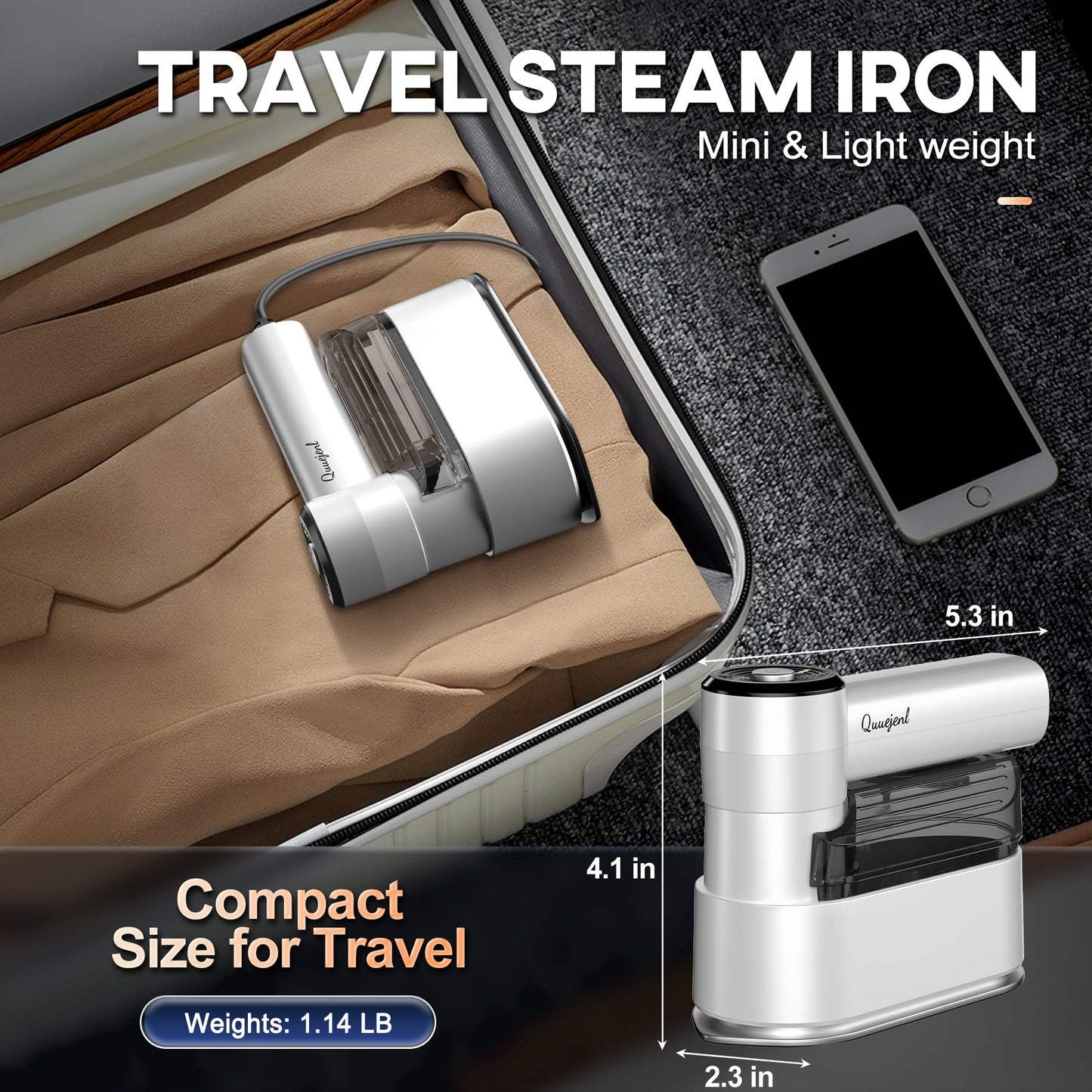 Travel Steamer for Clothes Small Iron - 1000W Portable Steamer & Mini Iron,10s Fast Heat, Handheld Mini Steamer with 8FT Cord, Foldable Handle, Travel, College Dorm & Home Essentials (White)