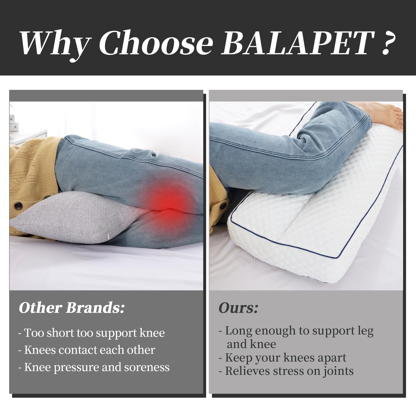 BALAPET Adjustable Height Shredded Memory Foam Knee Pillow for Side Sleepers, Pillow Between Legs for Aligns Spine, Supportive Leg Pillow for Pregnancy Relieves Pressure Hip Leg Elevation, 4" Height