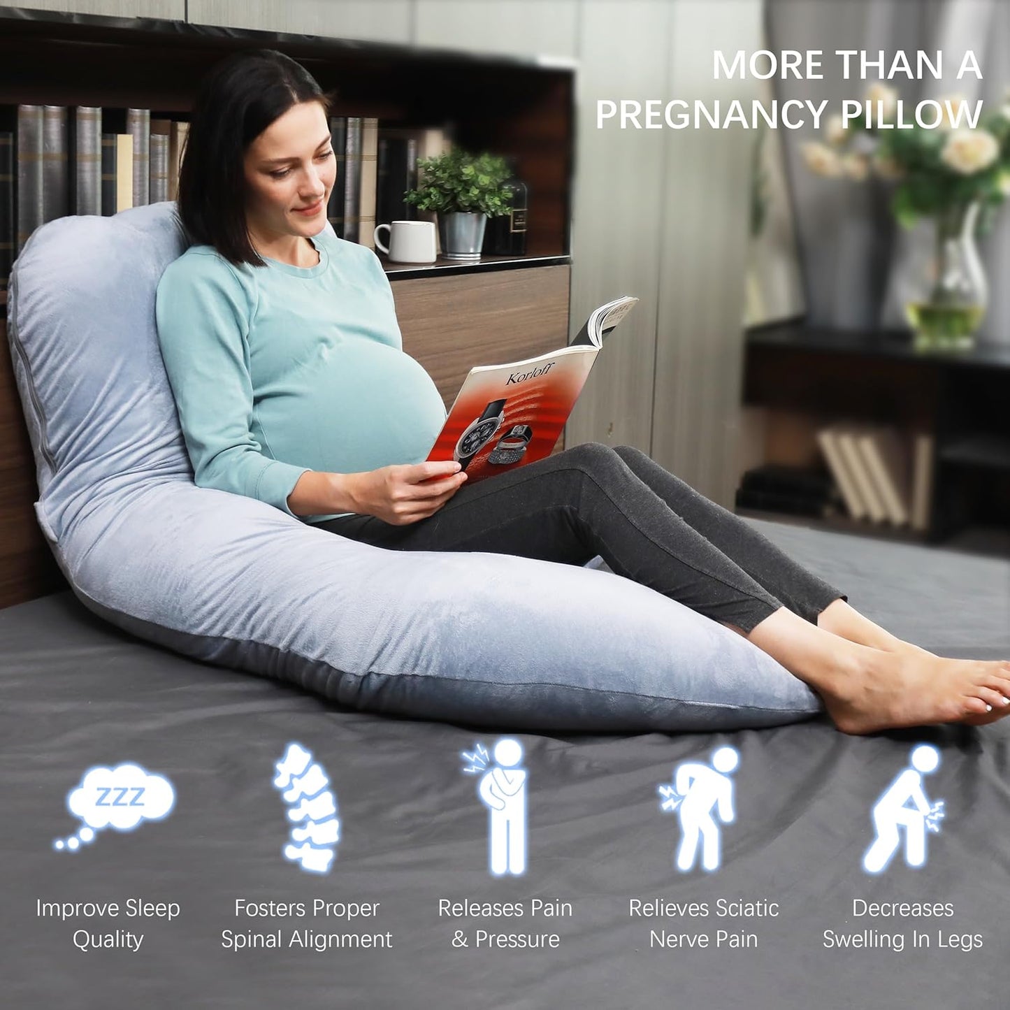 MOON PARK Pregnancy Pillow - 57-Inch U-Shaped Full Body Maternity Support - Removable Cover, Grey