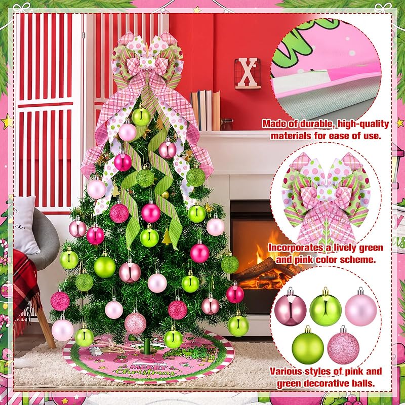Gejoy 32 Pcs Pink & Lime Green Christmas Tree Decoration Set - Variation: Pink Green Christmas