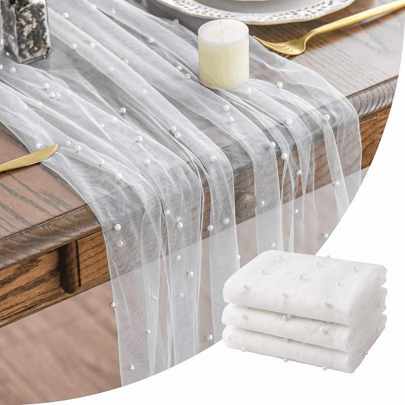 Pearl White 3-Pack 28 x 120 Inch Gauze Table Runner - 10ft, Artoid Mode